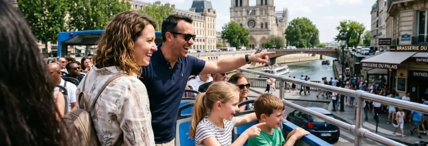 An American family of four sitting on the upper deck of an open-top sightseeing bus, with parents and two children gazing at Parisian landmarks in the distance under bright natural daylight