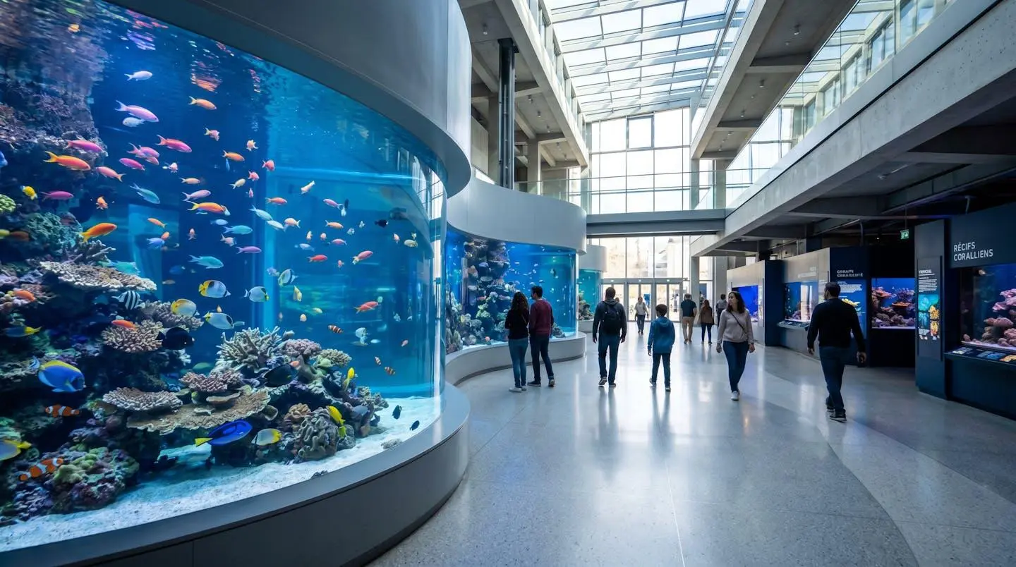 Interior view of Aquarium de Paris showing modern exhibition space with illuminated fish tanks displaying colorful marine life and contemporary architectural design