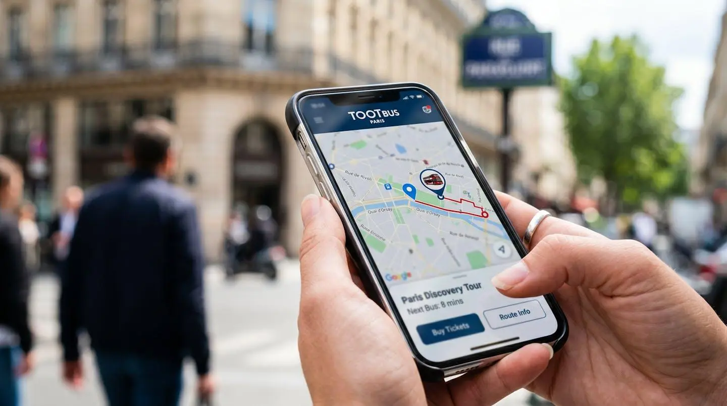 Close-up of adult hands holding a smartphone displaying a bus tracking app interface, with blurred Parisian street scene softly visible in the background
