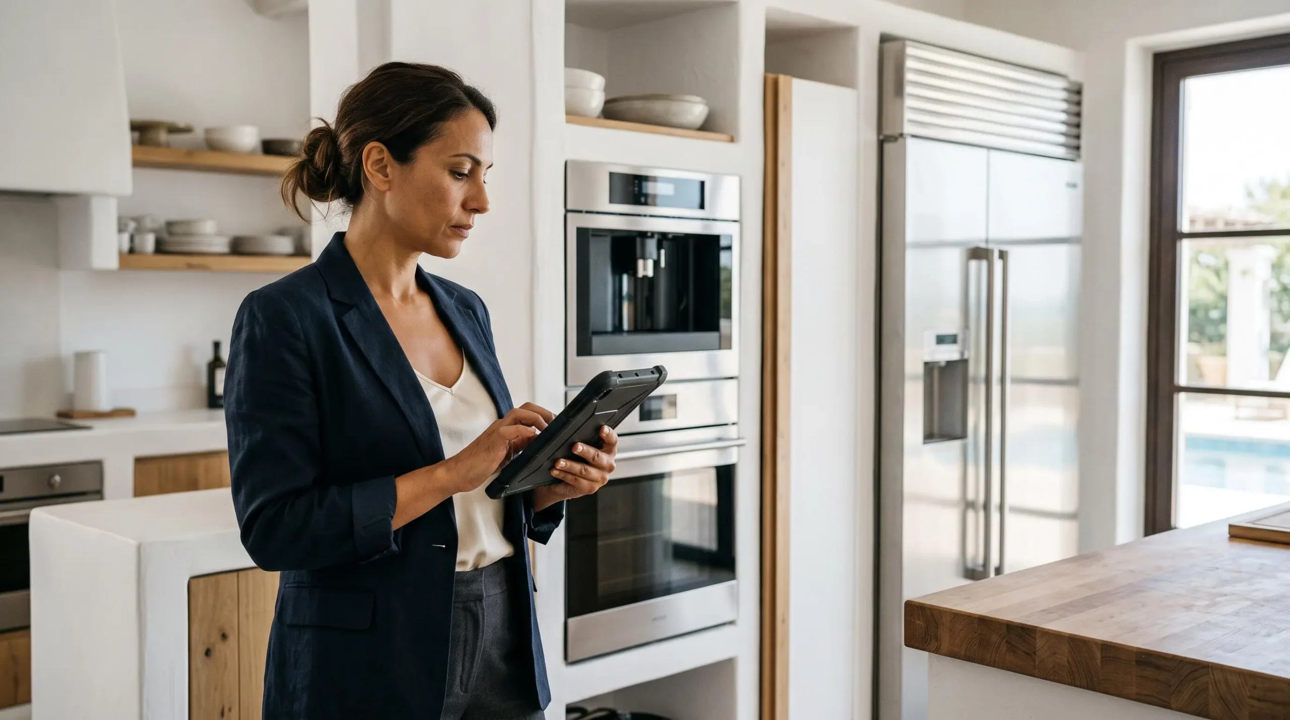 Property manager conducting quality inspection inside luxury villa, examining amenities with digital tablet to verify standards