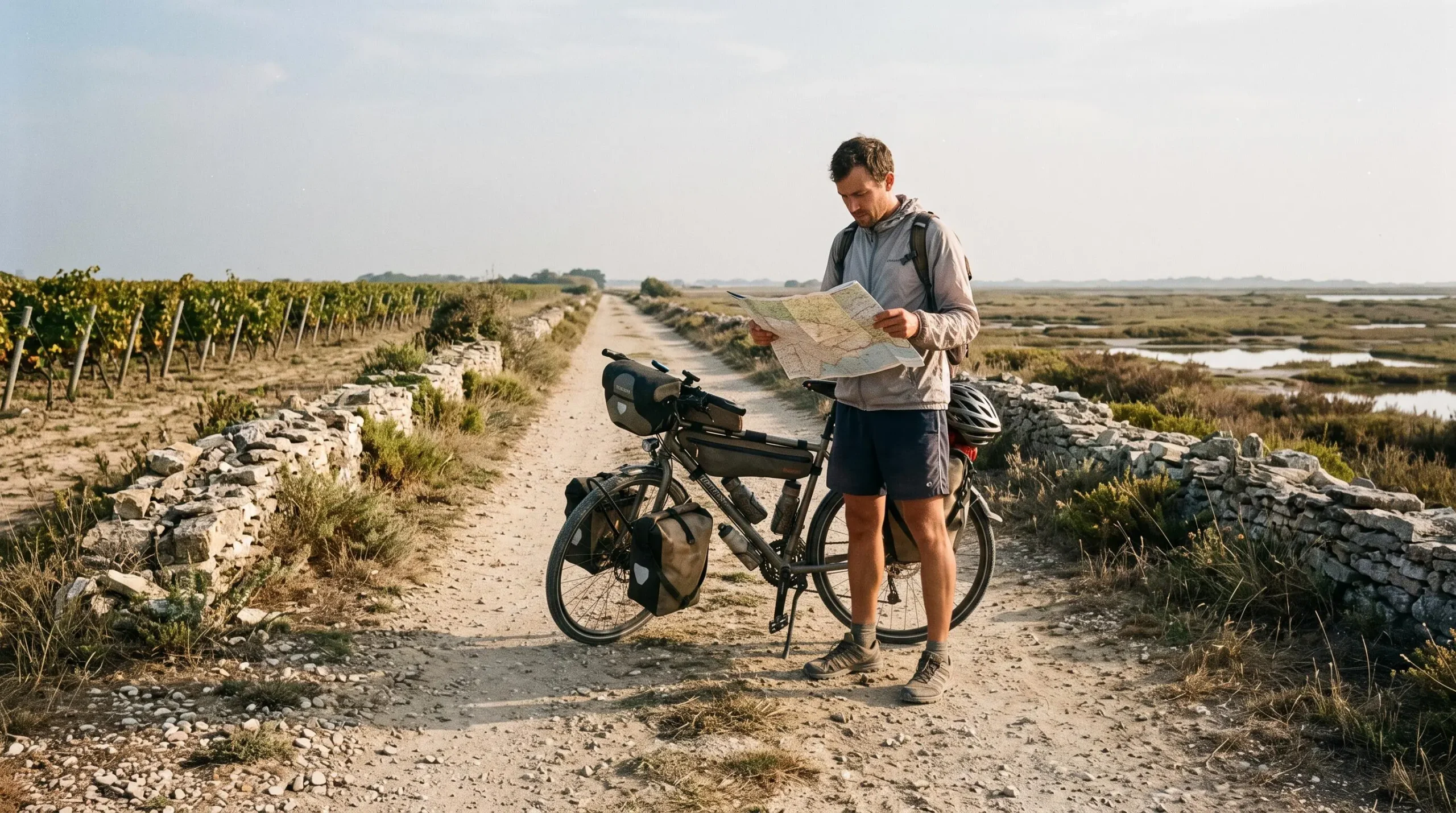A traveller checks a map beside a bicycle on a lane between vineyards.
