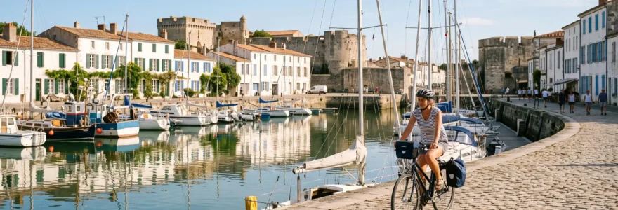 A cyclist rides along the harbour quays of Saint-Martin-de-Ré in the morning.