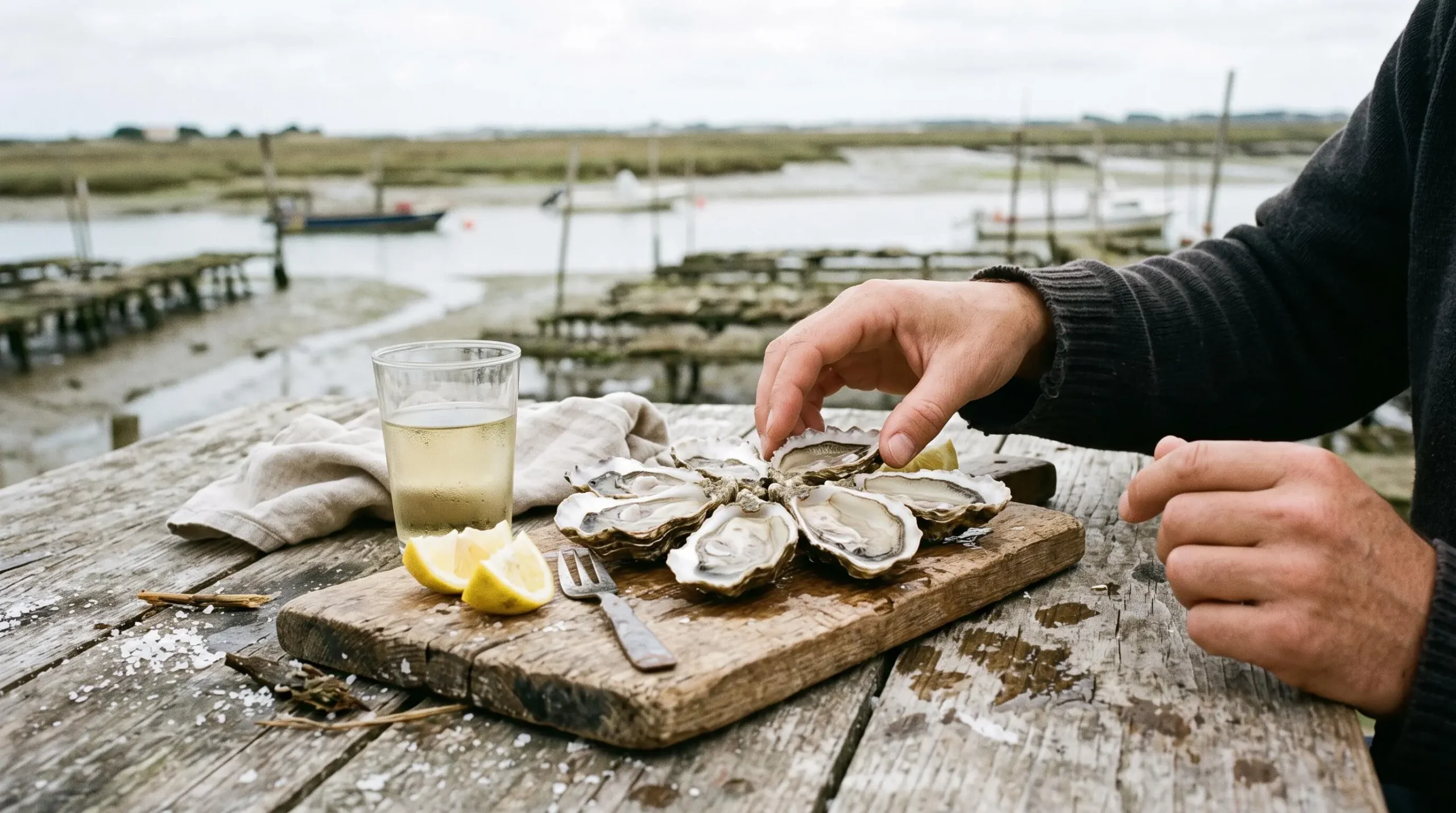 Fresh oysters with lemon and white wine on a wooden board by the water.